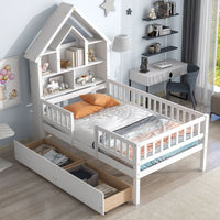 Twin Bed Frame with Fence Railings and House-Shaped Storage Headboard, Wood House Shape Twin Size Platform with 2 Drawers for Kids Boys Girls, Safety Guardrails Design, White