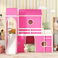 Twin Size Castle Shaped Floor Bunk Bed, House Bunk Bed with Slide Tent and Roof, Wood Loft Bed with Curtains and Tower for Kids Girls Boys Teens Bedroom