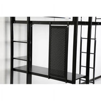 Twin Size Loft Bed with 2 Built-in Ladders, Metal Loft Bed Frame, Multifunctional Loft Bed with Desk and Shelves, Space-Saving Bed Frame with Strong Board Slats, Hold up to 200lbs, Black