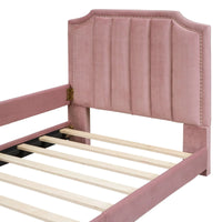 Twin Platform Bed Frame, Fleece Fabric Upholstered Daybed with Classic Stripe Shaped Headboard and Nail Head Trims, Aesthetic Sofa Bed Frame for Girls Boys, Pink