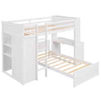 Twin Size Loft Bed with a Stand-alone Bed,Wood Loft Bed Frame with Shelves,Desk,and Wardrobe,Twin Over Twin Bunk Bed for Kids Teens Adults,White