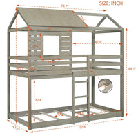 Twin Over Twin House Bunk Bed, Wood Twin Loft Bunk Bed Frame with Safety Guardrail and Ladder, Low Floor Twin Bunk Bed with House Roof & Window for Kids Teens Boys and Girls, Antique Gray