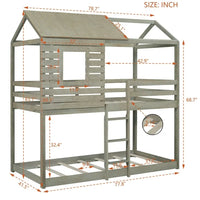 Twin Over Twin House Bunk Bed, Wood Twin Loft Bunk Bed Frame with Safety Guardrail and Ladder, Low Floor Twin Bunk Bed with House Roof & Window for Kids Teens Boys and Girls, Antique Gray