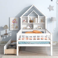 Twin Bed Frame with Fence Railings and House-Shaped Storage Headboard, Wood House Shape Twin Size Platform with 2 Drawers for Kids Boys Girls, Safety Guardrails Design, White