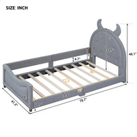 Twin Size Upholstered Daybed, Cute Teddy Fleece Sofa Bed with OX Horn Shaped Headboard, Wooden Platform Bed Frame for Teens Adults, No Box Spring Needed, Gray