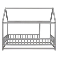 Twin Size Floor Wooden Bed with House Roof Frame, House Shape Platform Bed with Fence Guardrails, Twin Size House Shape Bed for Kids Teens, Gray