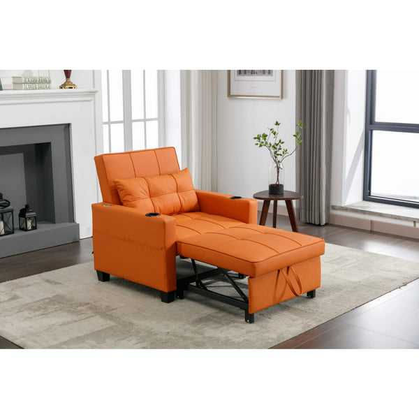 3 in 1 Convertible Chair Bed, Pull Out Folding Lounger Sleeper Chair Bed, Fabric Sofa Bed Sleeper Armchair with USB Ports & Pillow, Adjustable Futon Sleeper Couch Bed for Living Room, (Orange Leather)
