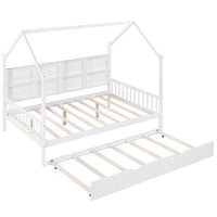 Full Size House Bed with Trundle and Shelf, Wood Daybed Frame with Roof Design, Platform Bed with Headboard and Footboard, No Box Spring Needed, White