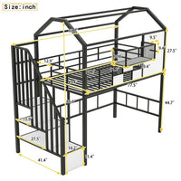 Twin Size Loft Bed with Roof Design and a Storage Box, House-Shaped Metal Loft Bed Frame with Staircase and Full-Length Guardrail, Twin House Loft Bed for Kids Girls and Boys, Easy Assemble, Black