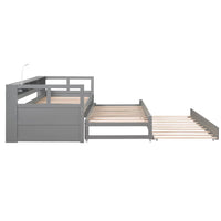 Twin XL Daybed with 2 Trundles, 3 Storage Cubbies, 1 Light for Free and USB Charging, Solid Wood Daybed Frame with Armrests and Slats Support, Dual-use Platform Bed Sofa Bed, No Box Spring Needed Gray