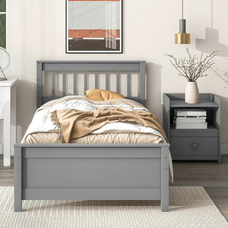 2 Pieces Twin Bedroom Furniture Sets for Kids Teens Adults, Twin Size Platform Bed with a Nightstand, Solid Wood Platform Bed Frame with Headboard and Footboard, Mattress Not Included, Grey