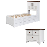 2 Pieces Wooden Captains Bedroom Set ,Twin Bed with Trundle and Nightstand, for Kids Teens, White+Walnut