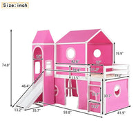 Twin Size Castle Shaped Floor Bunk Bed, House Bunk Bed with Slide Tent and Roof, Wood Loft Bed with Curtains and Tower for Kids Girls Boys Teens Bedroom