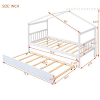 Twin Size House Bed Frame, Wood Platform Bed with Twin Size Trundle, Decorative Canopy Bed Top, Sturdy Frame Wood Legs Supprot, No Box Spring Needed, White