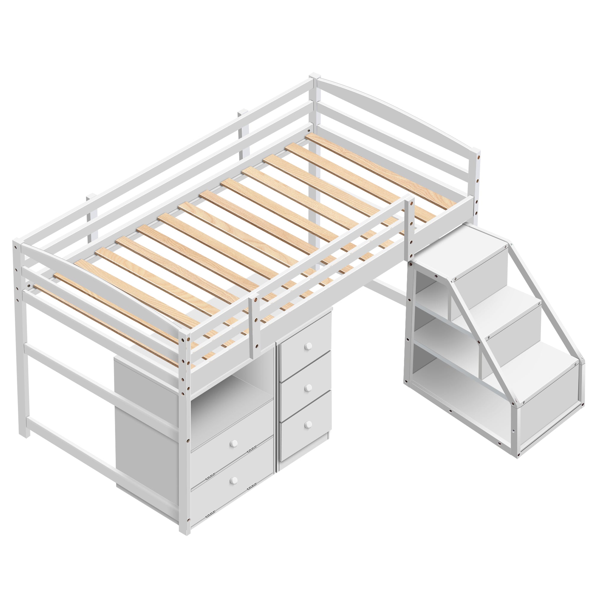 Twin Size Low Loft Bed with Pullable 3-Step Storage Stairs & 2 Storage Cabinets, Wooden Kids Bed Frame with 13.6" High Full-Length Guardrail, White