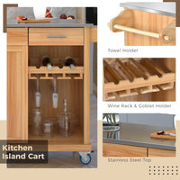 51" Kitchen Cart with Stainless Steel Top and Storage Cabinet, Kitchen Island on Wheels with 2 Drawers & Goblet Holder & Wine Rack & Spice Rack & Towel Holder for Kitchen Dining Room