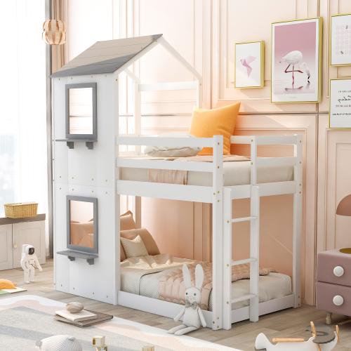 Twin Over Full Bunk Bed, House Shaped Solid Wood Bunk Bed with Roof, Window,House Bed Loft Bed with Guardrail and Ladder for Kids, Toddlers, Teens, Boys, Girls, No Box Spring Needed, White + Gray Roof