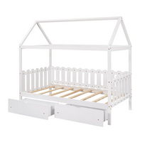 Twin House Bed for Kids, House Bed with 2 Storage Drawers and Fence-Shaped Guardrail, Pine Wood Bed Frame with 8 Wood Slats Support for Boys Girls Teens, No Box Spring Needed, White