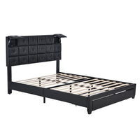 Queen Size Velvet Platform Bed with a Big Drawer, Upholstered Storage Bed with Two Wireless Chargers and Motion Activated Night Light, Queen Platform Bed with Headboard, No Box Spring Needed, Black