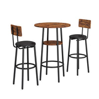 Round Bar Table Set of 3, Rustic Farmhouse Coffee Table with PU Upholstered Bar Stools and Footrest, 1 Dining Table with Bottom Shelf and 2 Dining Chairs with Backrest for Kitchen, Brown