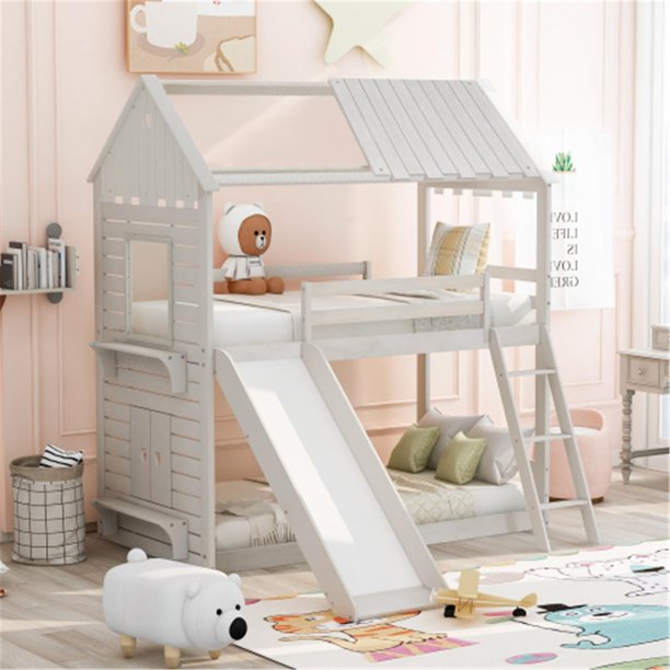 Twin over Twin House-shaped Bunk Bed Frame with Slide and Ladder, Wood Bunk Bed Roof and Window, Antique White