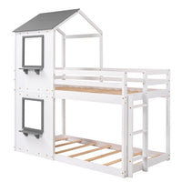 Twin Over Full Bunk Bed, House Shaped Solid Wood Bunk Bed with Roof, Window,House Bed Loft Bed with Guardrail and Ladder for Kids, Toddlers, Teens, Boys, Girls, No Box Spring Needed, White + Gray Roof