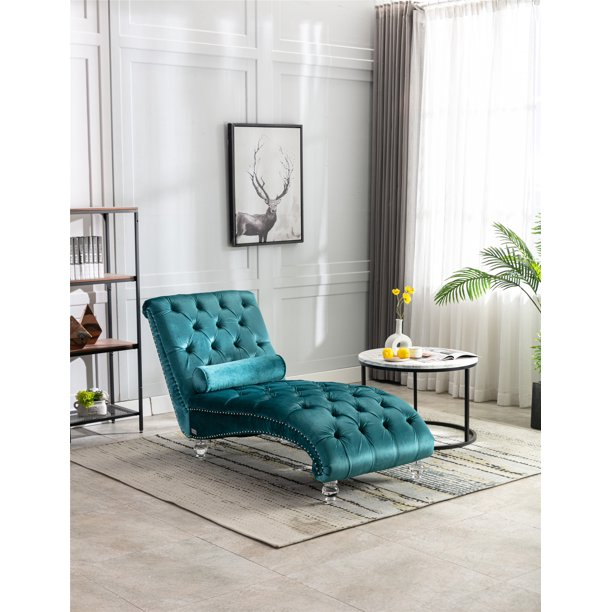 Velvet Chaise Lounge Chair with Pillow, Modern Button Tufted Lounge Chair with Acrylic Legs and Nailhead Trim, Upholstered Sleeper Chair for Living Room Bedroom Dorm, Teal