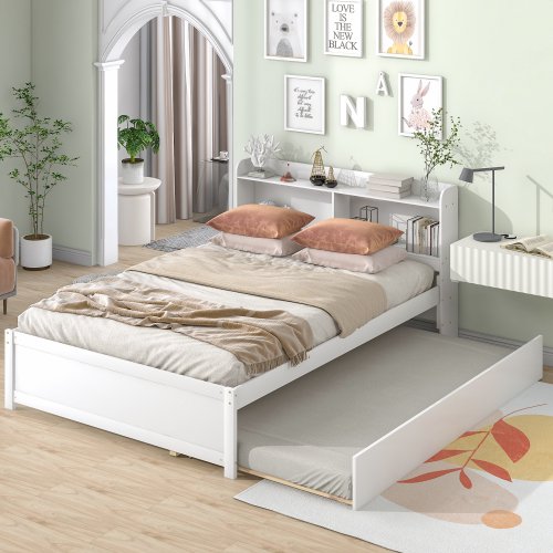 Twin Bed with Trundle, Twin Size Platform Bed with Bookcase Headboard and Pull Out Trundle Bed for Kids Teens Adults, Wooden Twin Bed Frame with Storage Shelves, Bed Frame for Living Room, White