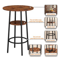 Round Bar Table Set of 3, Rustic Farmhouse Coffee Table with PU Upholstered Bar Stools and Footrest, 1 Dining Table with Bottom Shelf and 2 Dining Chairs with Backrest for Kitchen, Brown