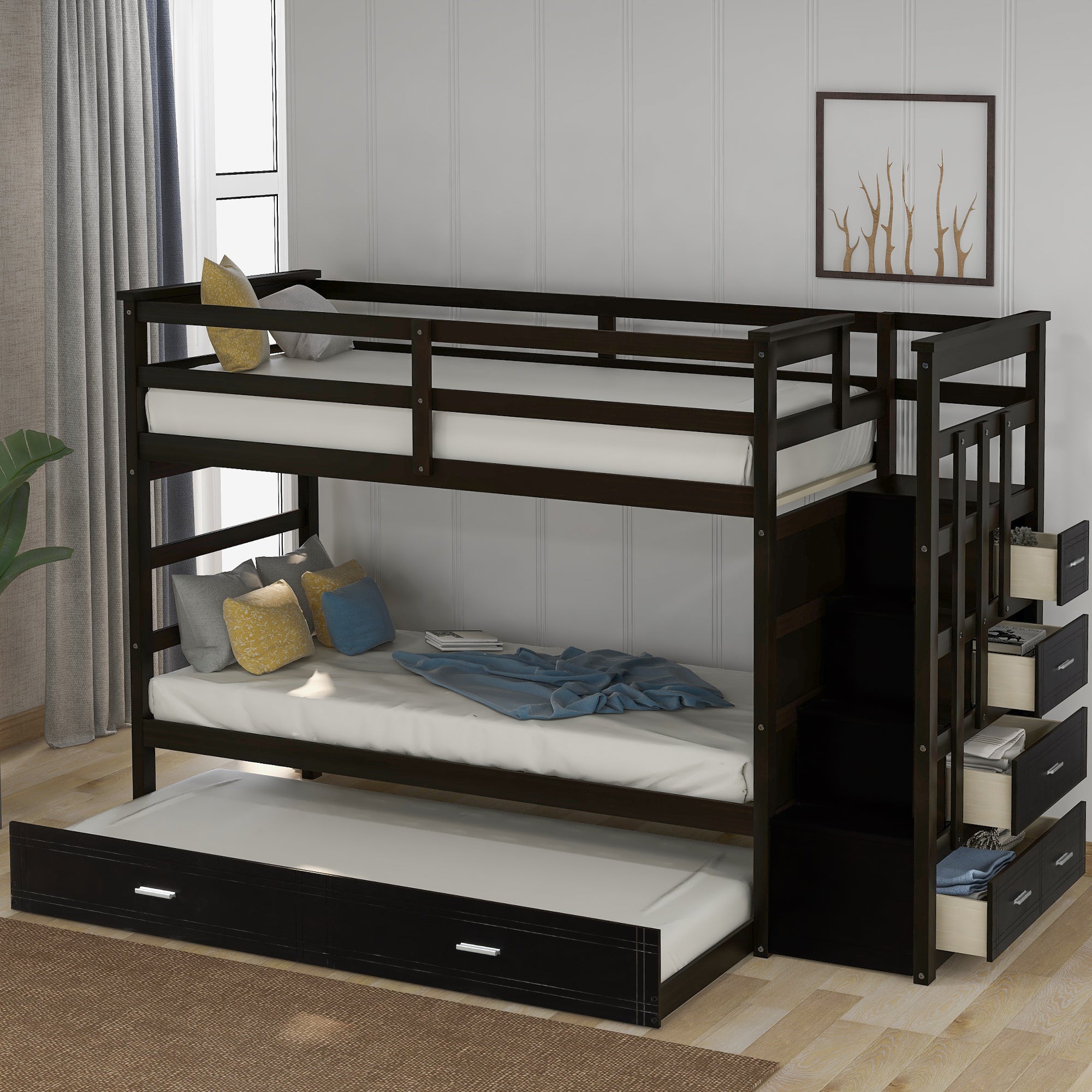 Twin over Twin Bunk Bed Frame with Trundle and Storage Drawers, Wood Bunk Bed with Stairs and Guardrail for Kids, Boys and Girls, No Spring Box Needed, Easy Assembly, Espresso