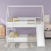 Twin Bunk Bed with Slide and Ladder, House Bunk Bed Frame with Roof and Guardrail, for Kids Boys and Girls, White
