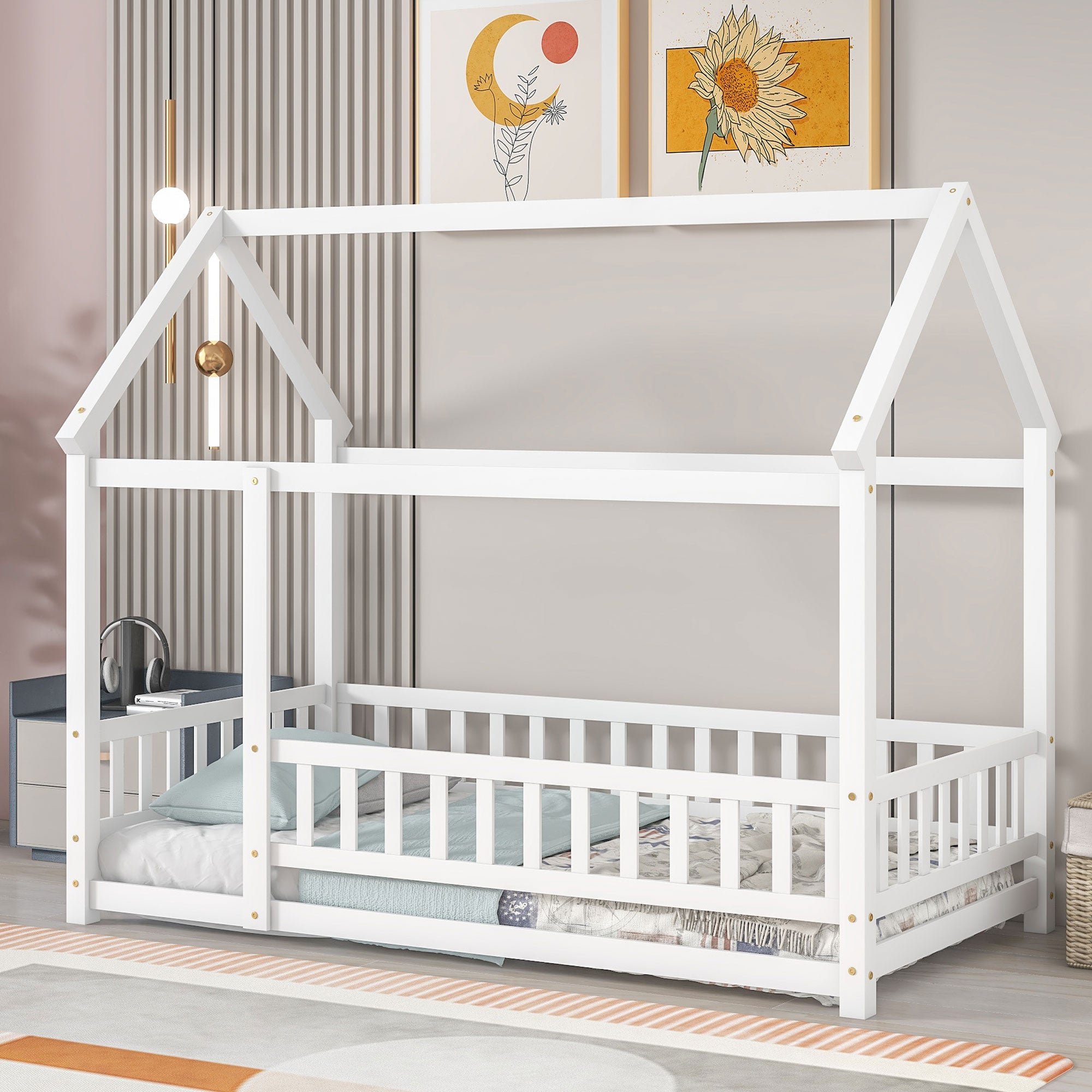 Twin Size Floor Bed, House Floor Wood Bed with Roof Frame for Kids Toddlers Teens, Montessori Bed Frame with Fence-Shaped Guardrail, Floor Bed Frame without Slat Support, Can be Decorated, White