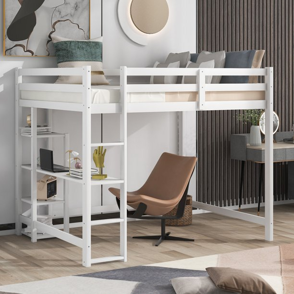 Full Loft Bed with Desk and Shelves, Wood High Loft Bed with Ladder and Guardrail for Kids Teens Adults, White