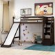 Twin Size Loft Bed with Slide and Ladder with Handrails, Wood Loft Bed with 3 Storage Case and Full Length Guardrail, No Spring Box Needed, Espresso