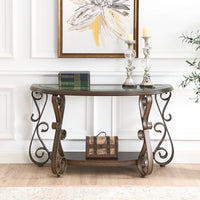 Traditional Sofa Table End Table Cocktail Table with Glass Tabletop, Marble Middle Shelf & Powder Coat Finish Metal Legs, 3-tier Multi-functional Coffee Table for Living/Guest Room, Dark Brown