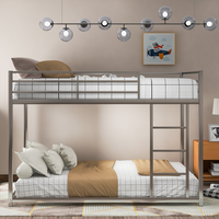 Kids Low Bunk Bed, Modern Metal Bunk Bed Full Over Full, Heavy Duty Bunk Bed Frame with Safety Guardrails and Ladder for Teens Boys Girls Adults, No Box Spring Needed, Silver