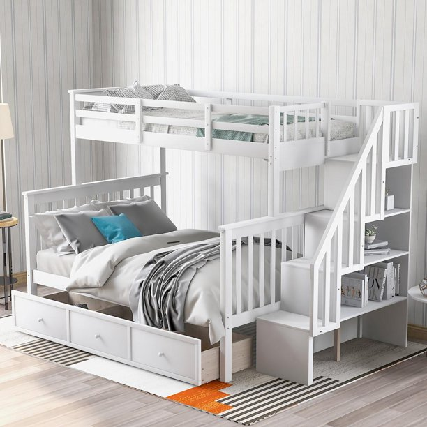 Twin Over Full Bunk Bed with Storage Drawers and Stairs, Wood Bunk Bed with Full- Length Guard Rail for Bedroom, Dorm, for Kids Teens Adults, No Box Spring Needed, White 91.73''L x 54.33''W x 61.4''H