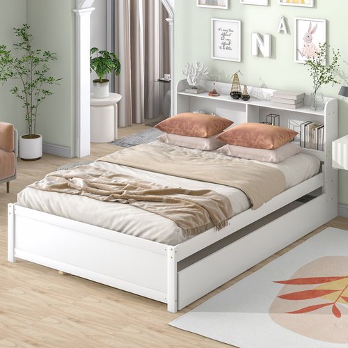 Twin size storage bed store with bookcase headboard