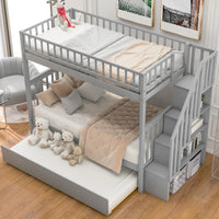 Modern Twin Over Twin Wood Bunk Bed with Trundle and Storage, Solid Hardwood Twin Bunk Bed Frame with Ladder and Stairs for Kids Adults, Saving Space, Gray