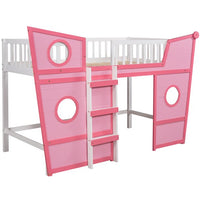 Twin Size Loft Bed with Underbed Storage Space, Boat Shaped Kids Loft Bed with Safety Guardrails and Ladders, Wood Low Loft Bed for Kids Boys Girls, Pink