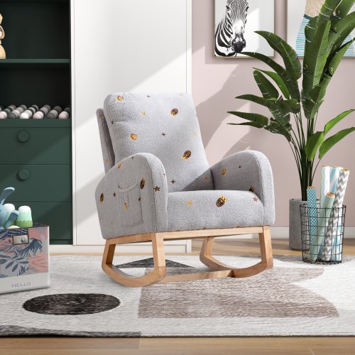 26.8"W Rocking Chair for Nursery, Mid Century Accent Rocker Armchair With Side Pocket, Modern Upholstered High Back Wooden Rocking Chair for Living Room Baby Kids Room Bedroom, Light Gray Boucle