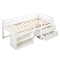 Twin Size Loft Bed, Low Loft Bed with Two Shelves and Two Drawers for Kids Teens Boys Girls, Multifunctional Wood Loft Bed Frame with Storage, Space Saving, No Box Spring Needed, Antique White