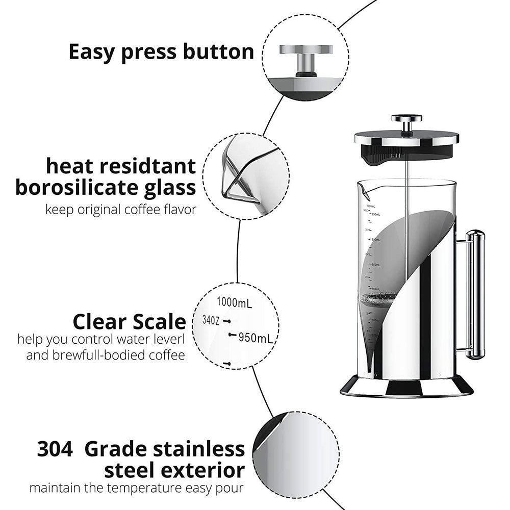 SECURA, Kitchen, Secura French Press Coffee Maker 34 Grade Stainless  Steel With 2 Extra Screens