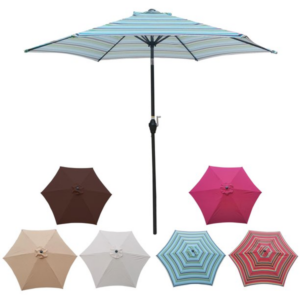 9ft Patio Beach Umbrella Outdoor Table Market Umbrella with Push Button Tilt/Crank, 6 Ribs, Blue Stripes