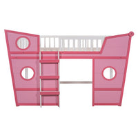 Twin Size Loft Bed with Underbed Storage Space, Boat Shaped Kids Loft Bed with Safety Guardrails and Ladders, Wood Low Loft Bed for Kids Boys Girls, Pink