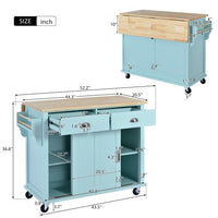 Kitchen Cart with Rubber wood Drop-Leaf Countertop, Concealed Sliding Barn Door Adjustable Height,Kitchen Island on 4 Wheels with Storage Cabinet and 2 Drawers,Mint Green