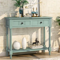 Vintage Console Table, Solid Wood Sofa Table with 2 Storage Drawers and Open Bottom Shelf, Traditional Accent Entryway Table, Narrow Side Table for Living Room Kitchen Hallway, Retro Blue