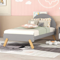 Twin Size Wood Platform Bed with Curved Headboard, Cute Design Platform Bed, Wooden Platform Bed with Shelf Behind Headboard and Wood Slats Support, No Box Spring Required, Gray