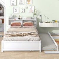 Twin Bed with Trundle, Twin Size Platform Bed with Bookcase Headboard and Pull Out Trundle Bed for Kids Teens Adults, Wooden Twin Bed Frame with Storage Shelves, Bed Frame for Living Room, White