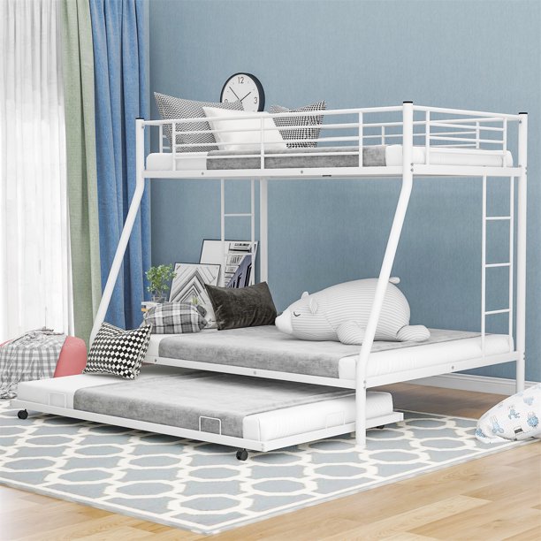 Twin Over Full Bunk Bed with Twin Size Trundle, Metal Bunk Bed Frame with 2 Built-in Ladder and Safety Guardrail for Kids Teens, White